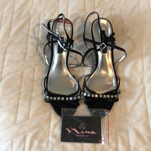 Rhinestoned Black Curran Nina Sandals, 10, NWT